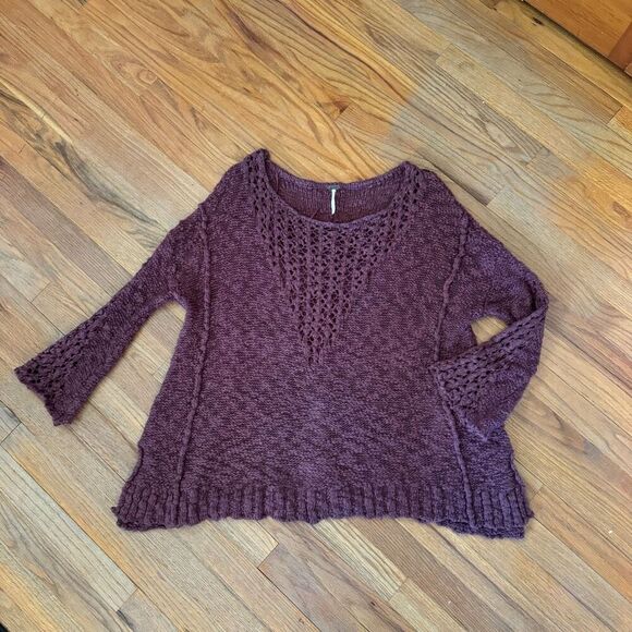 Free People Women Mauve Sheer Front Chunky Knit Pretty Pointelle Vee Sweater Sma - Picture 9 of 9